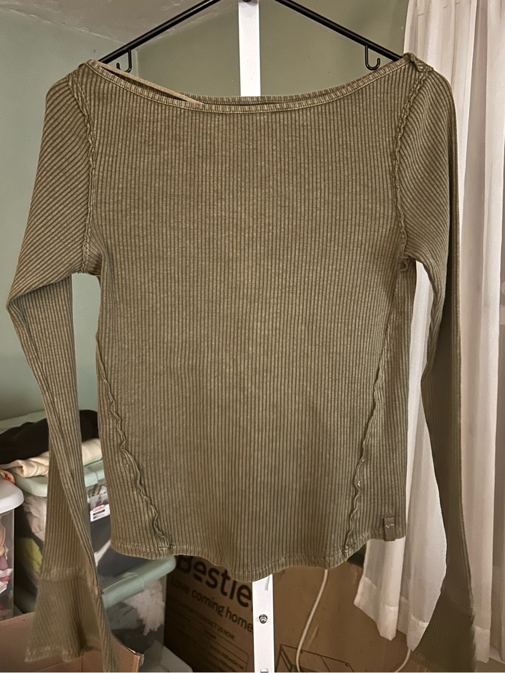 We The Free Off-the-Shoulder Ribbed Pullover  in Olive Green
